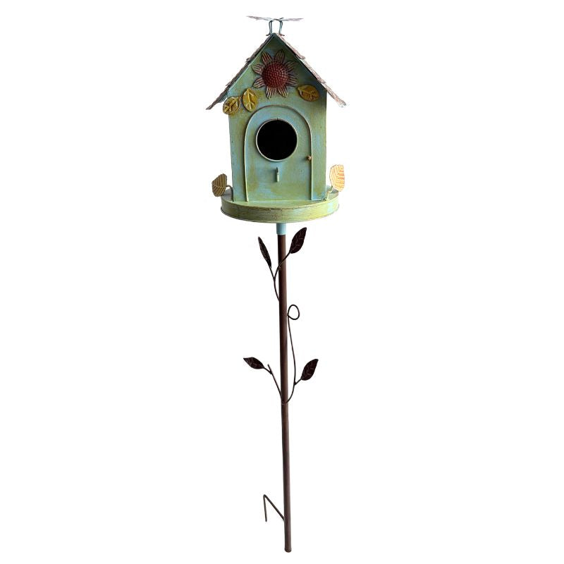 Birdhouse with Flower on Leafy Garden Stake