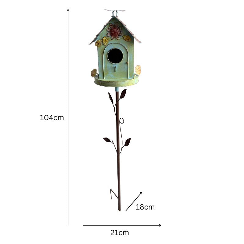 Birdhouse with Flower on Leafy Garden Stake