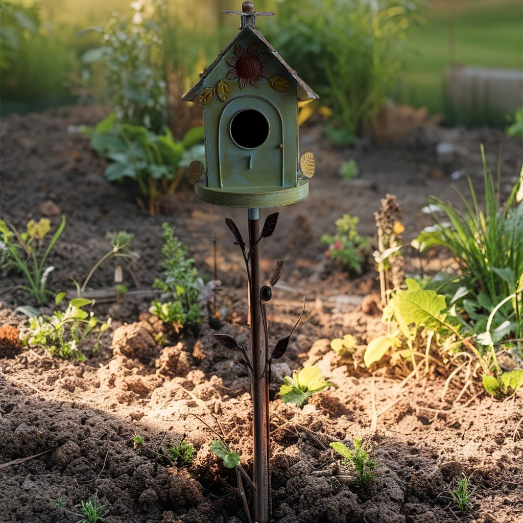 Birdhouse with Flower on Leafy Garden Stake