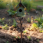 Birdhouse with Flower on Leafy Garden Stake