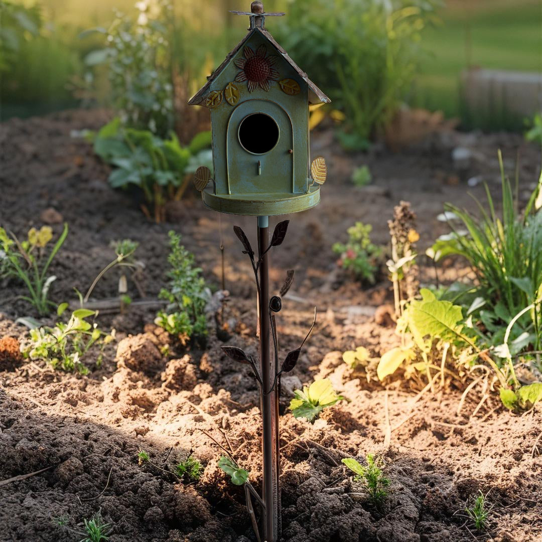 Birdhouse with Flower on Leafy Garden Stake