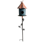 Birdhouse with Perched Bird on Leafy Garden Stake