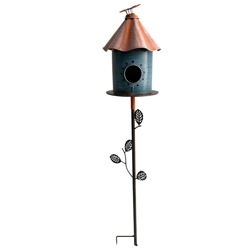 Birdhouse with Perched Bird on Leafy Garden Stake