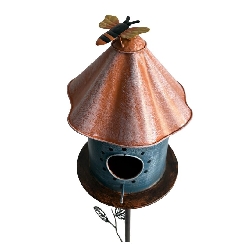 Birdhouse with Perched Bird on Leafy Garden Stake