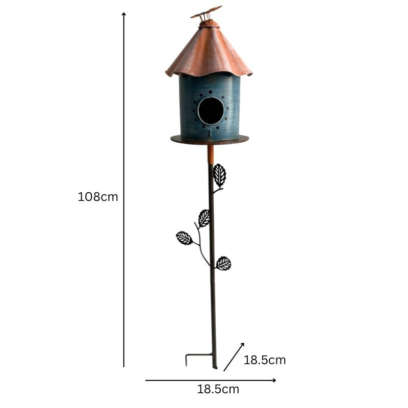 Birdhouse with Perched Bird on Leafy Garden Stake
