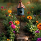 Birdhouse with Perched Bird on Leafy Garden Stake