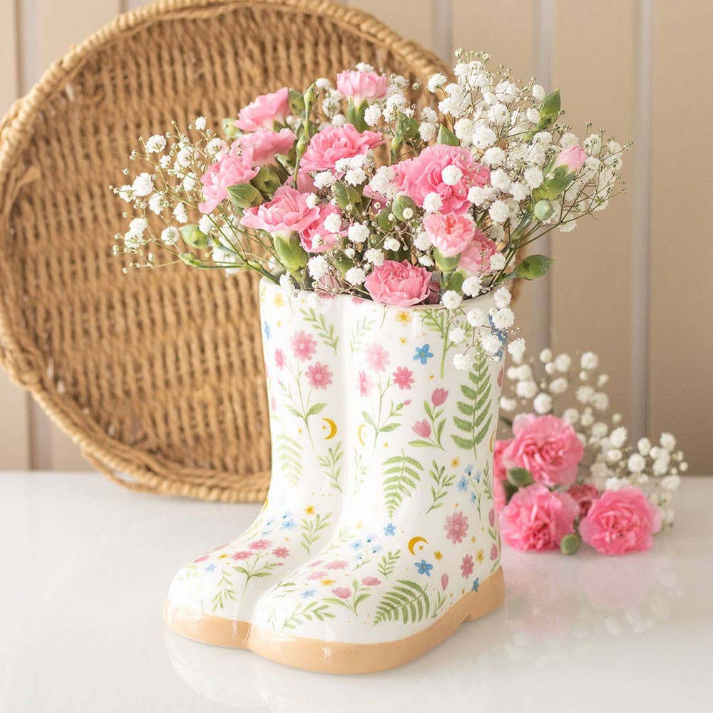 Luna Bloom Floral Print Ceramic Welly Boot Planter