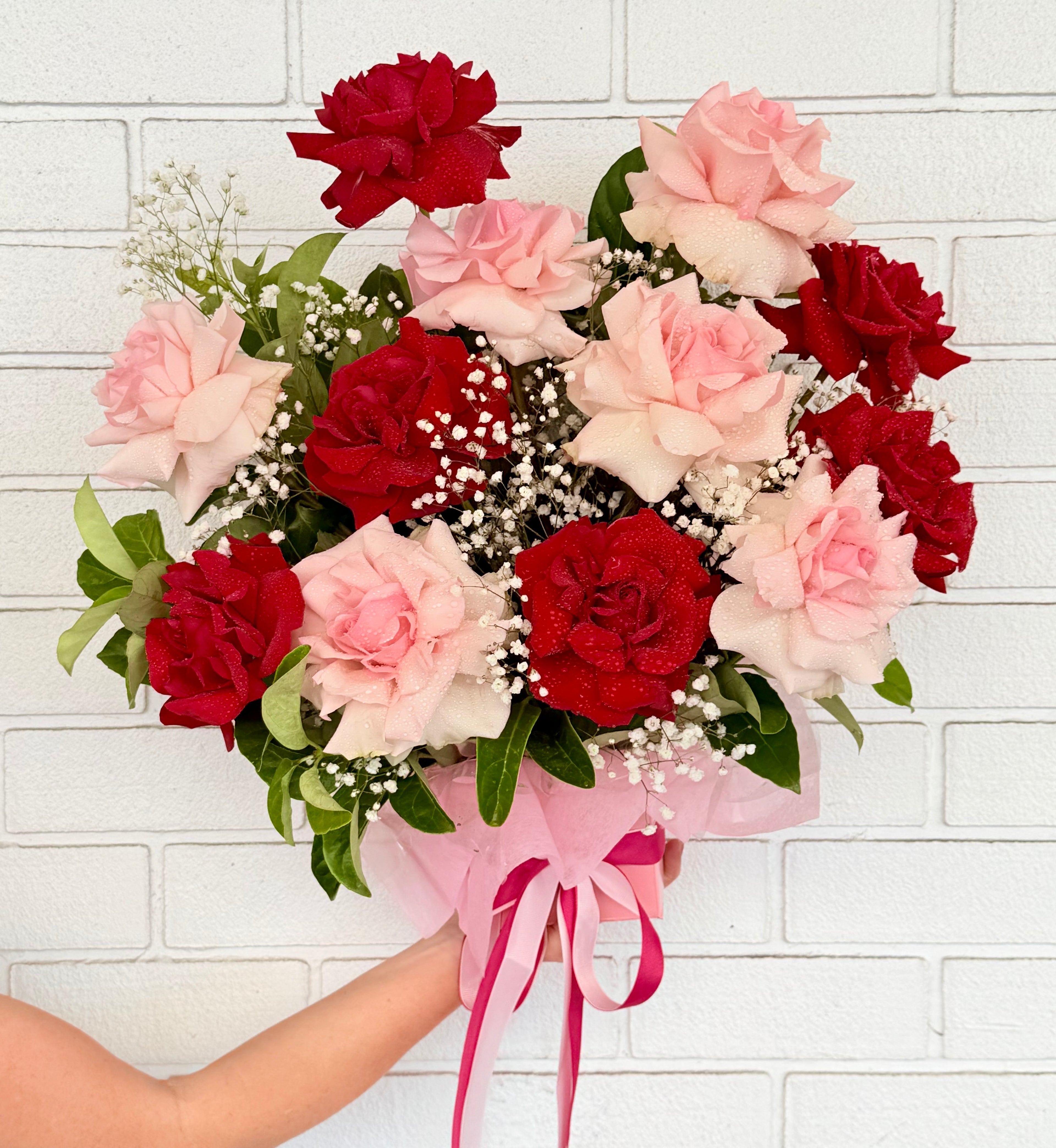 Dozen Pink and Red Rose Box Arrangement